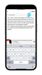 Countingup app on iPhone sharing refer a friend link by text