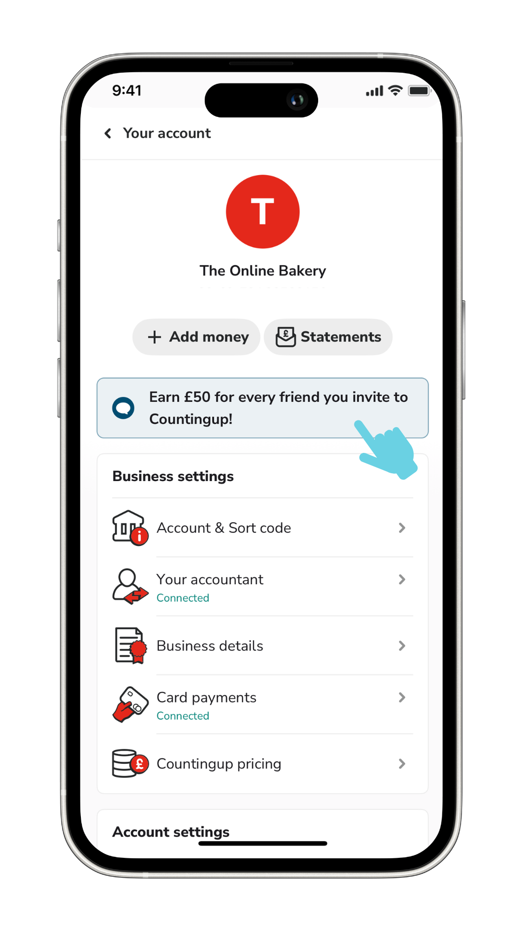 Countingup app on an iPhone with referral banner