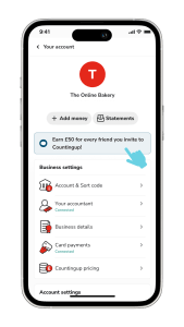 Countingup app on an iPhone with referral banner